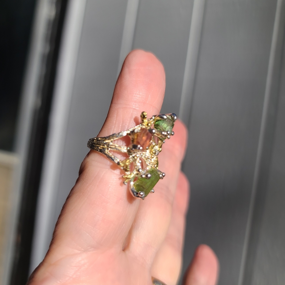 Turmulene green ocean & watermelon 🍉 w/Peridot sterling & gold ring sz6.5 - Picture 6 of 11